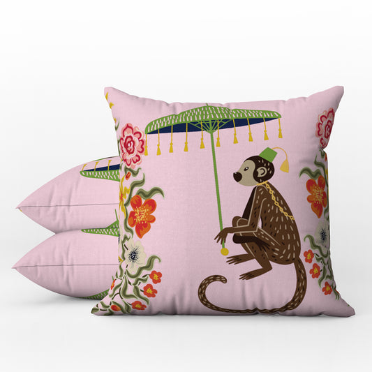 Kuta Outdoor Pillows Baby Pink Chinoiserie Monkey Umbrella