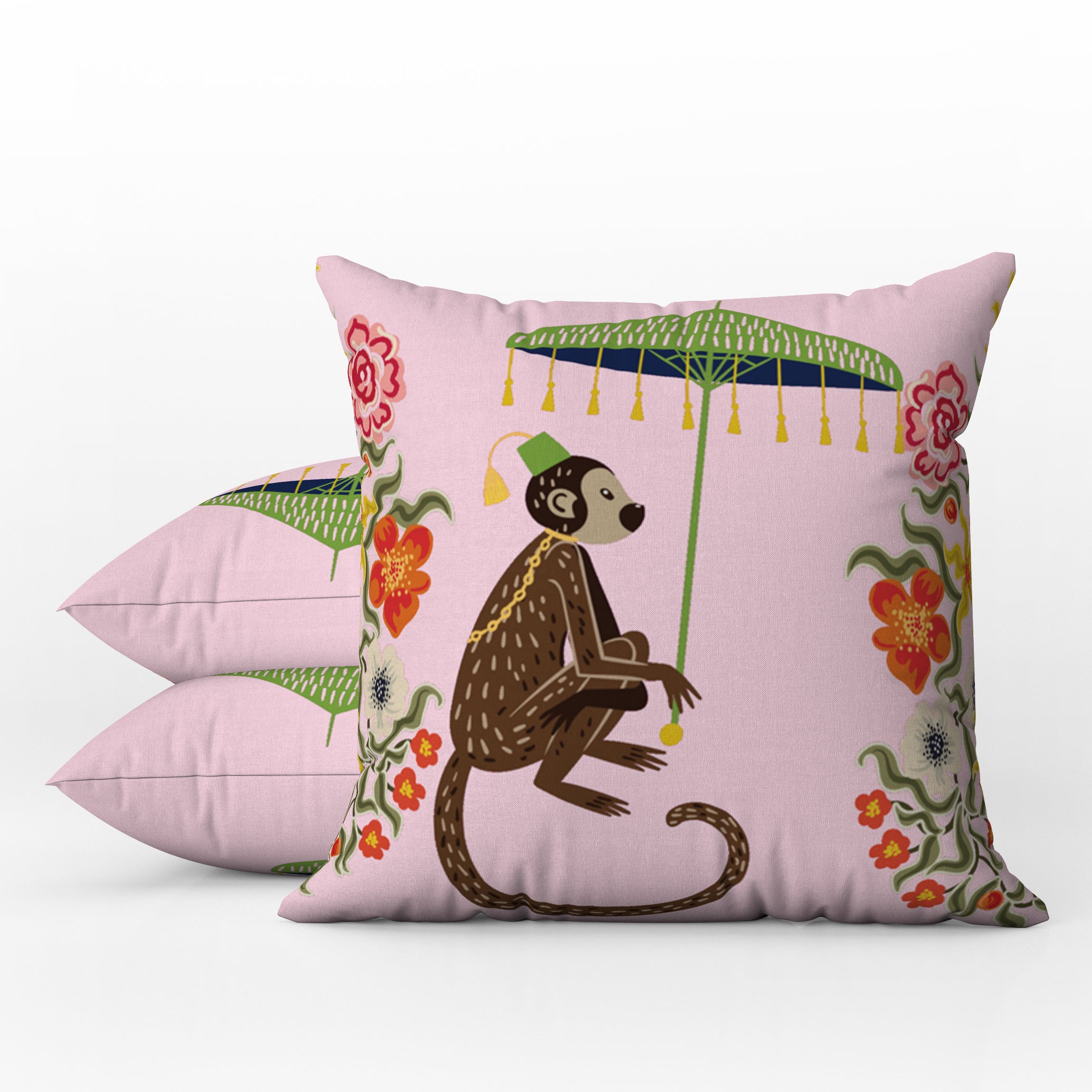 Kuta Outdoor Pillows Hot Pink Chinoiserie Monkey Umbrella – Tarragonia