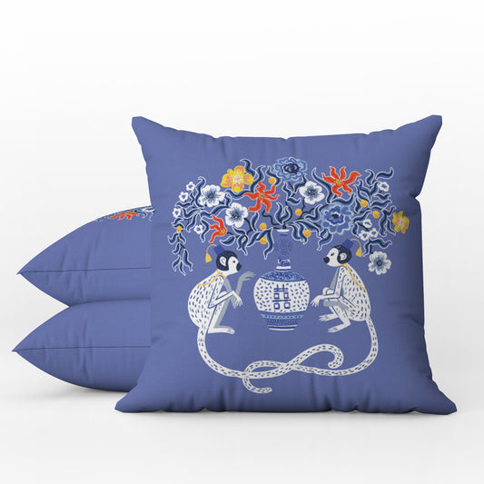 Batur Outdoor Pillows Blue Chinoiserie Monkey Floral