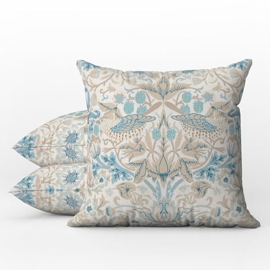 Strawberry Thief Outdoor Pillow William Morris Blue Slate Vellum