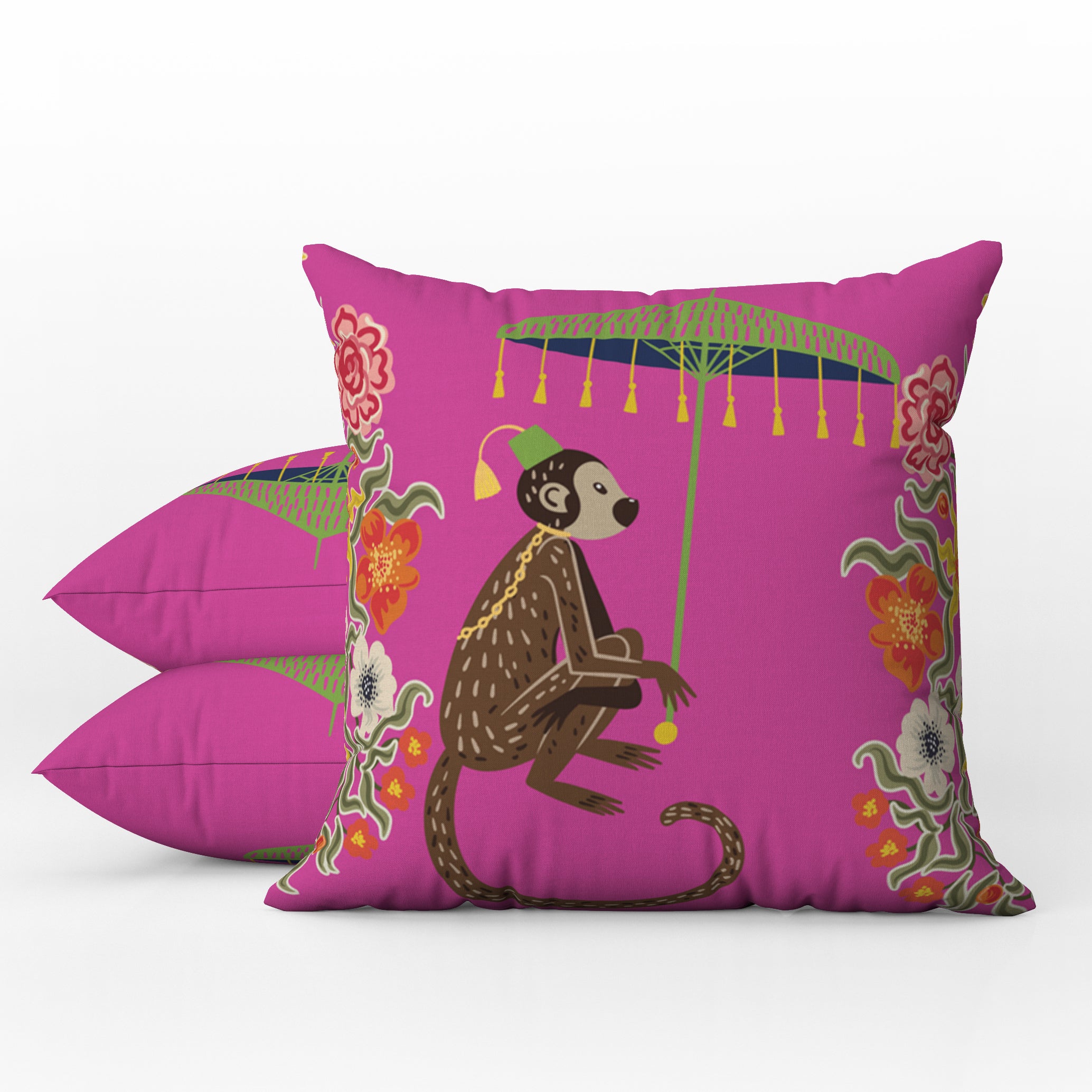 Kuta Outdoor Pillows Hot Pink Chinoiserie Monkey Umbrella Tarragonia