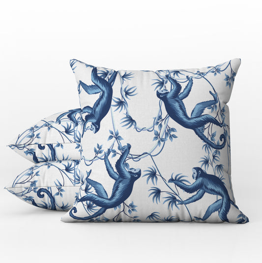 Chinoiserie Outdoor Pillows Blue & White Monkey Tree