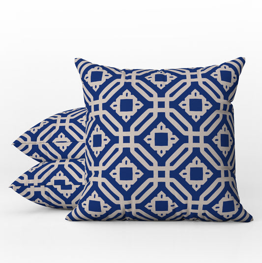 Geometric Outdoor Pillows Navy Blue & Ecru