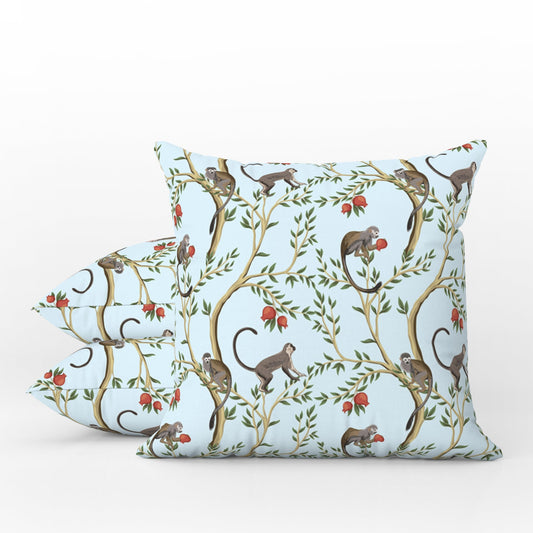 Playful Pomegranate Monkeys Outdoor Pillows Light Blue