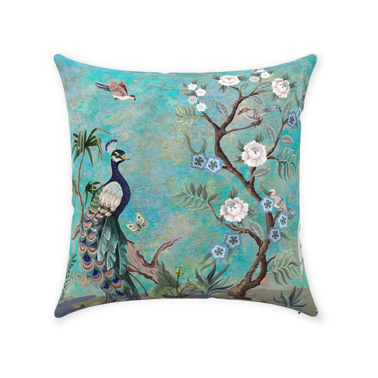 Chinoiserie Cotton Pillows Aqua Turquoise Peacock