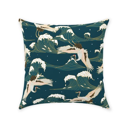 Japanese Waves Cotton Pillows Teal Blue Green