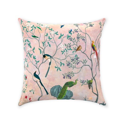 Chinoiserie Peacock Cotton Pillows Pink Blush