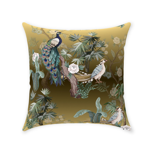 Chinoiserie Peacock Cotton Pillows Golden Garden