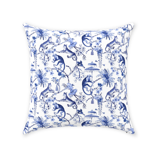 Chinoiserie Monkey Cotton Pillows Toile de Jouy Blue White