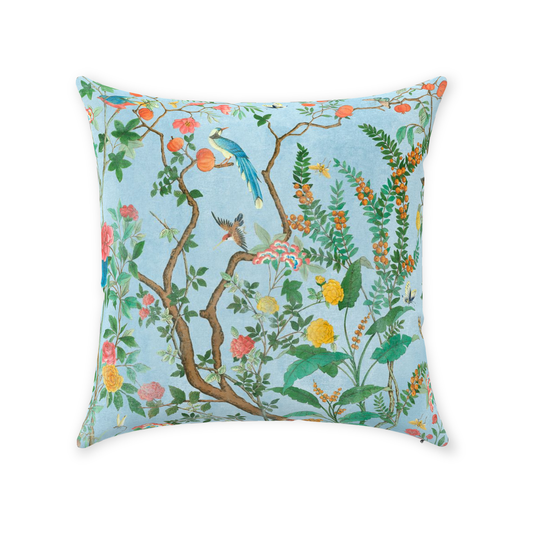 Livia II Cotton Throw Pillows Blue Chinoiserie Fresco Garden