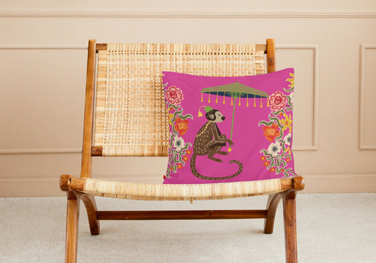 Kuta Outdoor Pillows Hot Pink Chinoiserie Monkey Umbrella