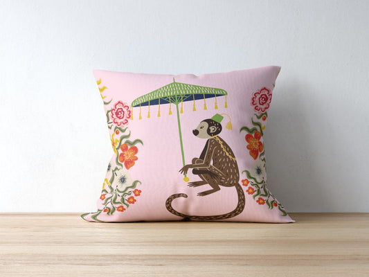 Kuta Outdoor Pillows Baby Pink Chinoiserie Monkey Umbrella