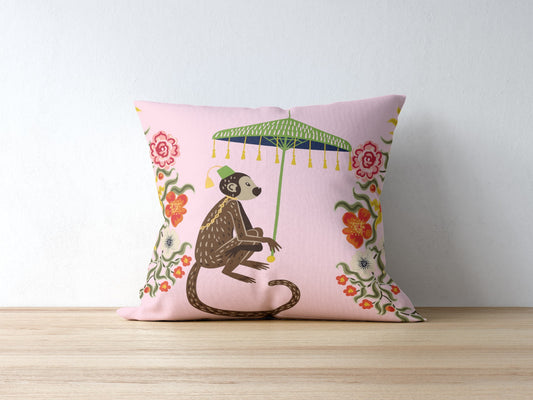 Kuta Outdoor Pillows Baby Pink Chinoiserie Monkey Umbrella