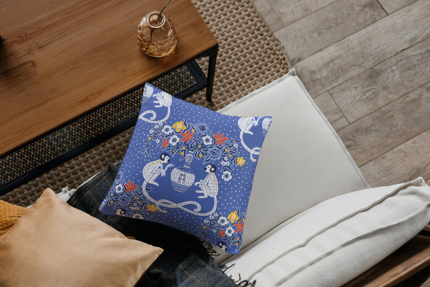 Lombok Outdoor Pillows Chinoiserie Blue Chinese Monkey