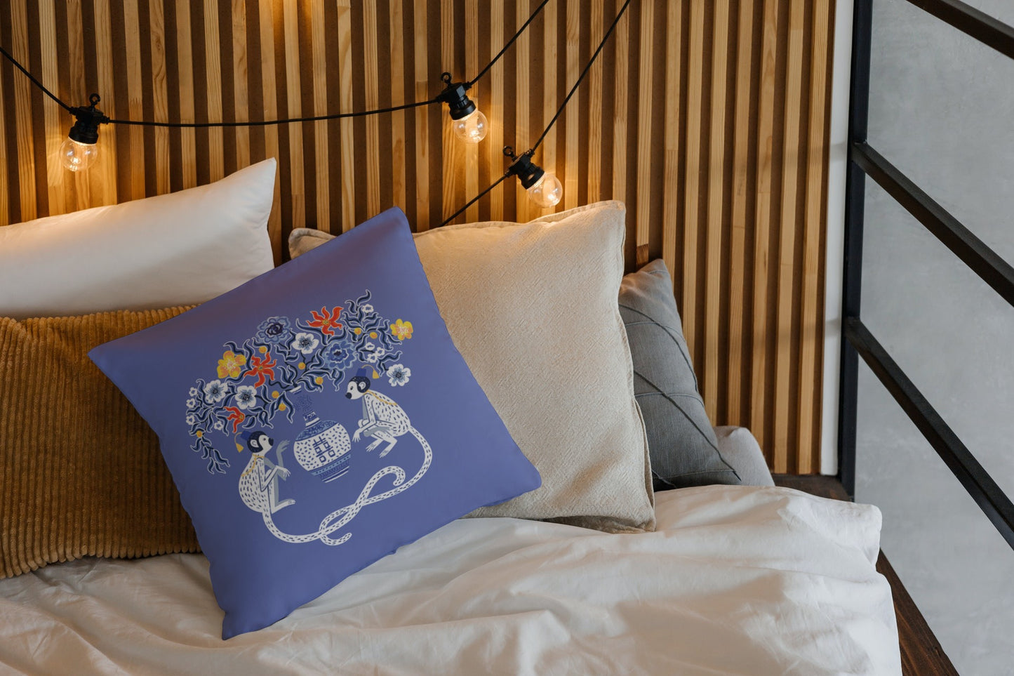 Batur Outdoor Pillows Blue Chinoiserie Monkey Floral