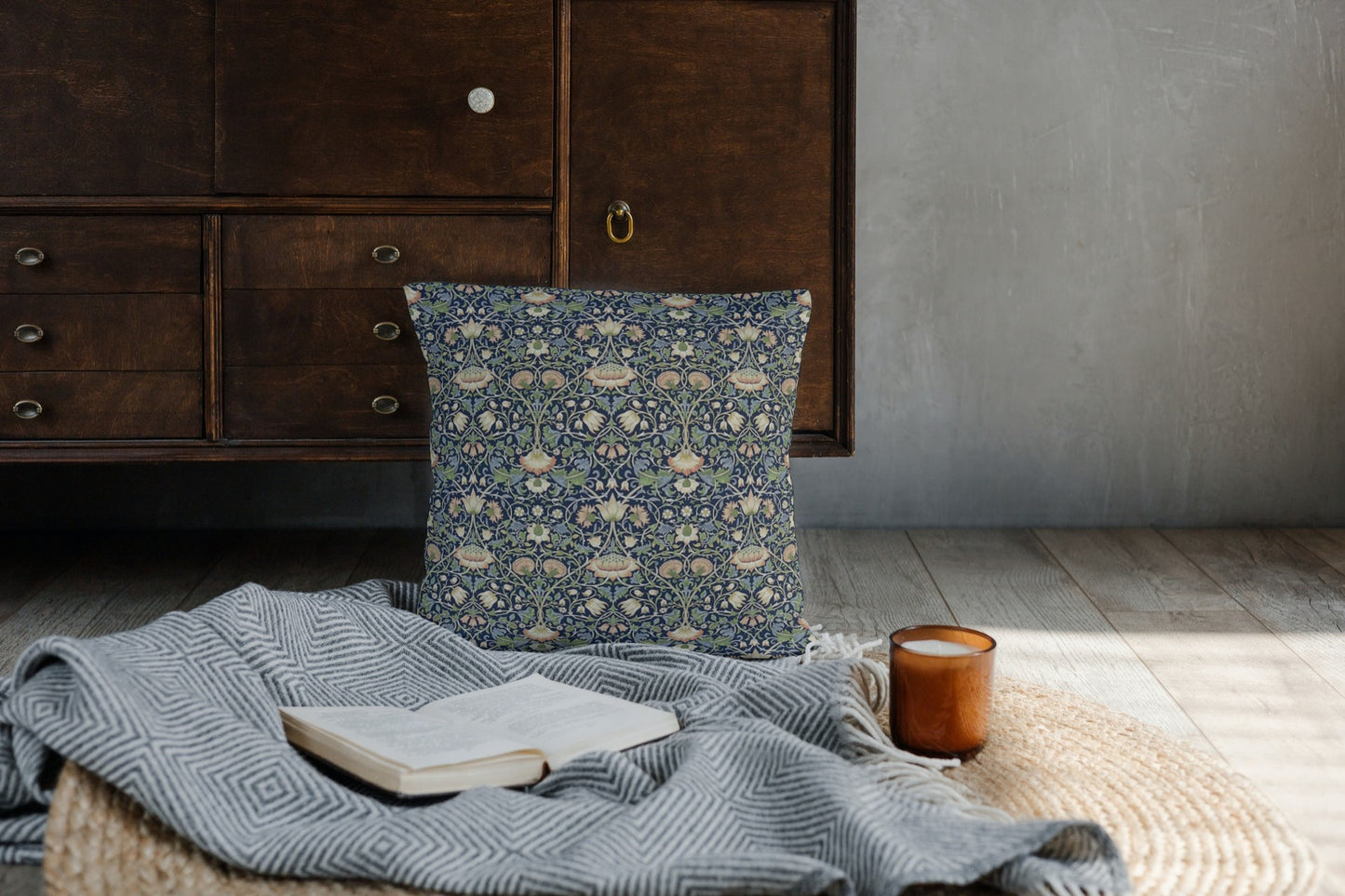 Lodden Cotton Throw Pillows William Morris Indigo Blue