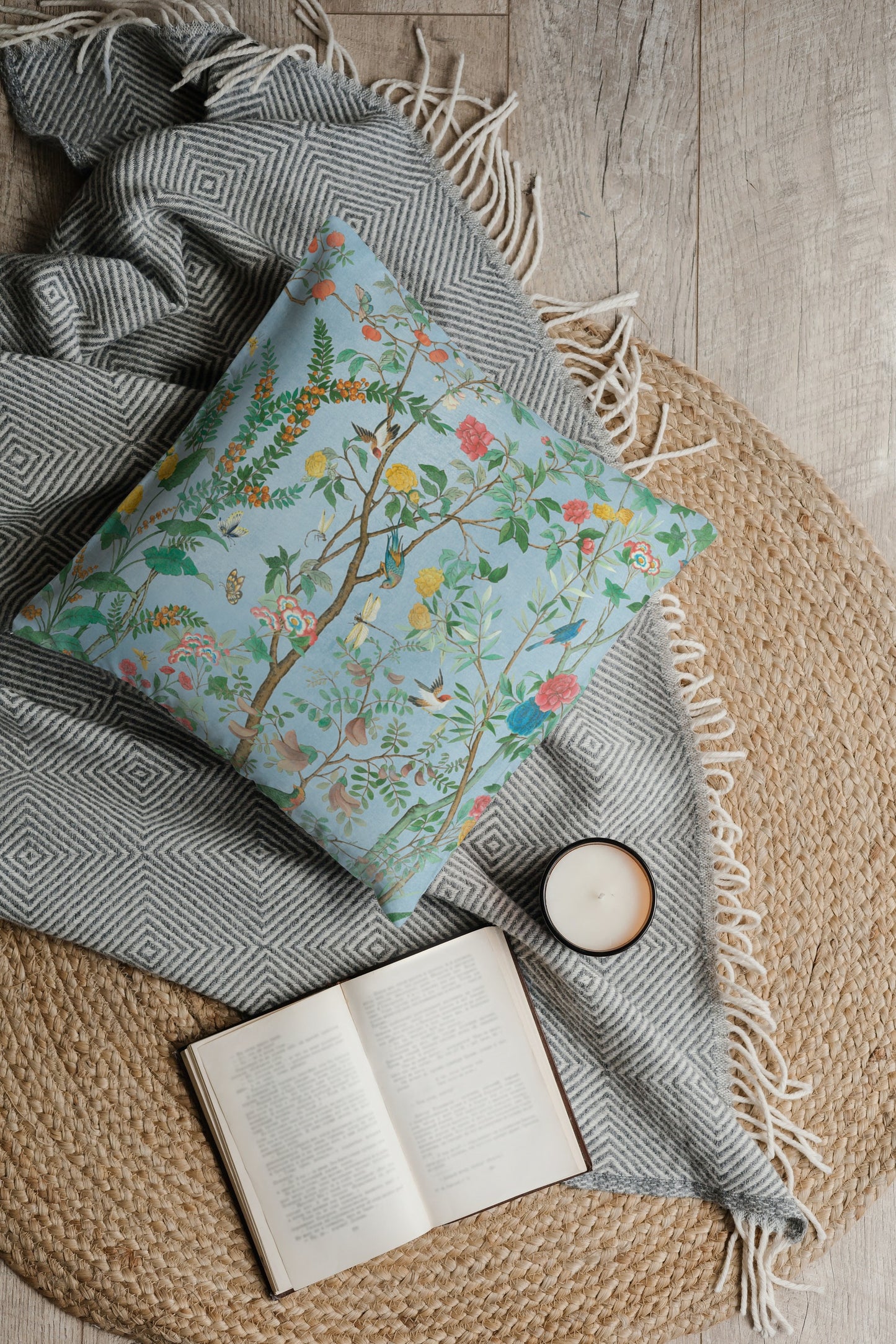 Livia Cotton Throw Pillows Blue Chinoiserie Fresco Garden