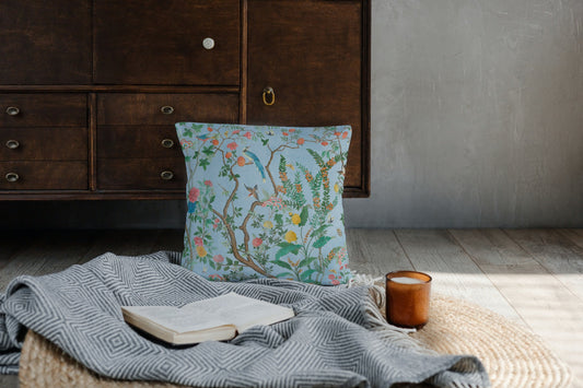 Livia II Cotton Throw Pillows Blue Chinoiserie Fresco Garden