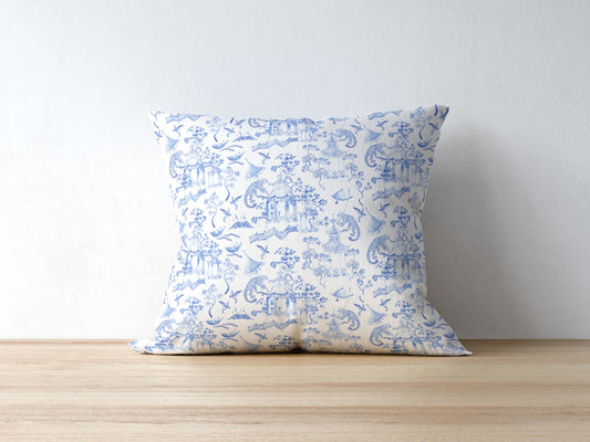 Monkey Pagoda Outdoor Pillows Chinoiserie Blue & White