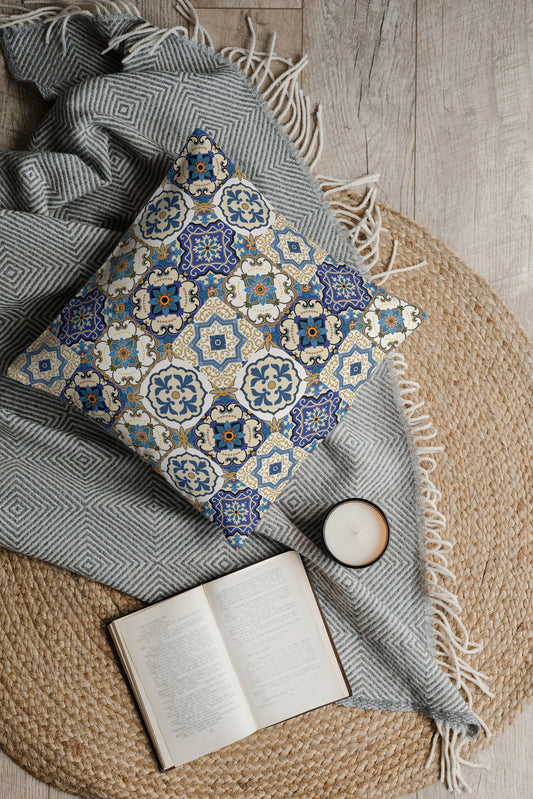 Porto Outdoor Pillows Mediterranean Blue & Golden Cream