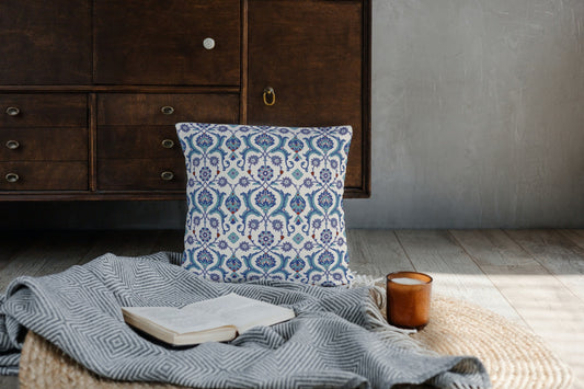 Antalya Ottoman Outdoor Pillows Violet Blue Red & Ivory