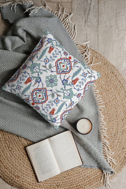Sara Ottoman Outdoor Pillows Sage Blue Red & White