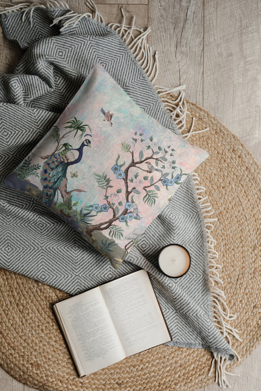 Chinoiserie Outdoor Pillows Pink & Blue Peacock Fresco