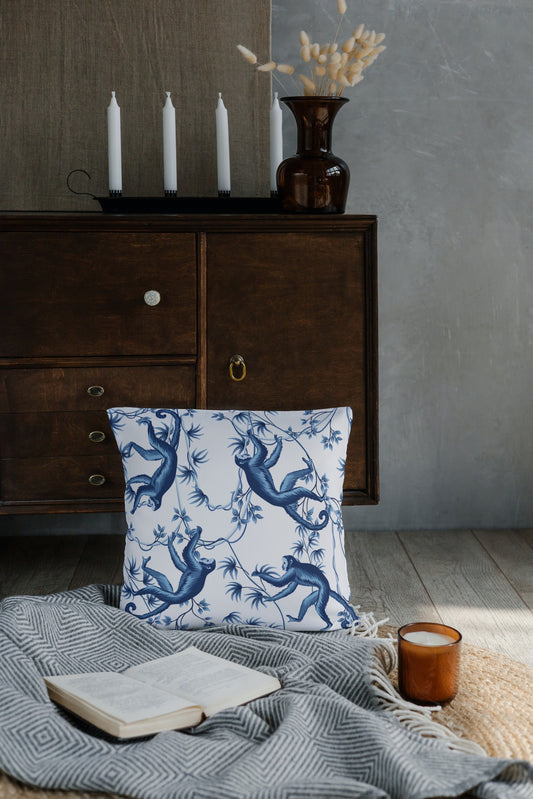 Chinoiserie Outdoor Pillows Blue & White Monkey Tree