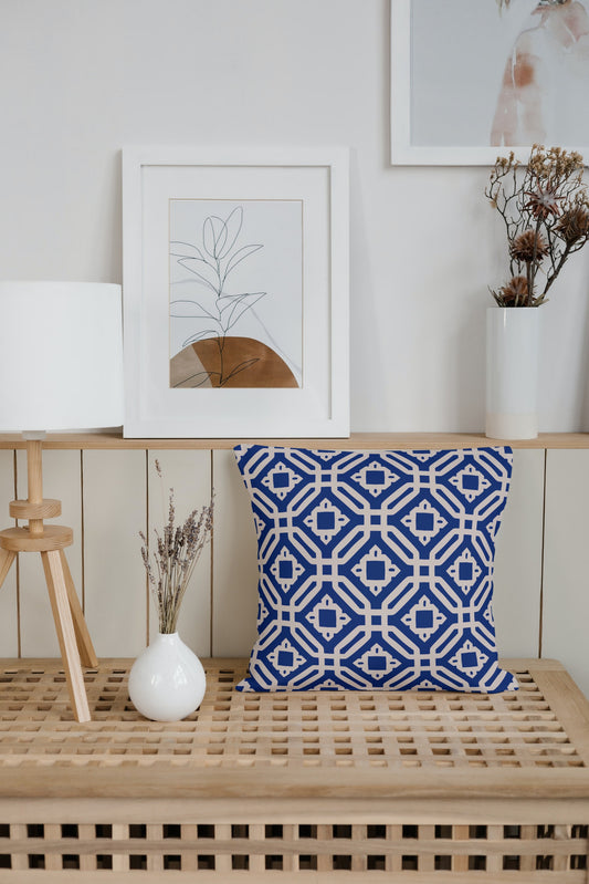 Geometric Outdoor Pillows Navy Blue & Ecru