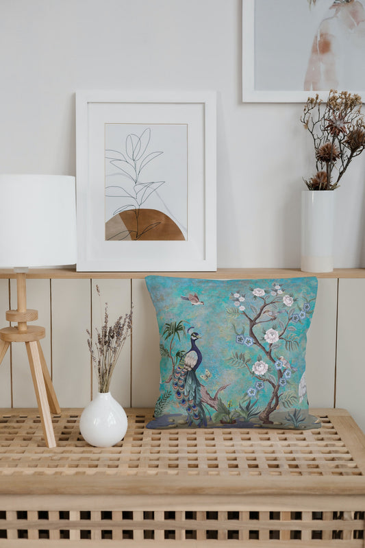 Chinoiserie Outdoor Pillows Turquoise Peacock