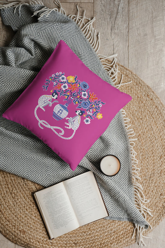 Batur Outdoor Pillows Hot Pink Chinoiserie Monkey