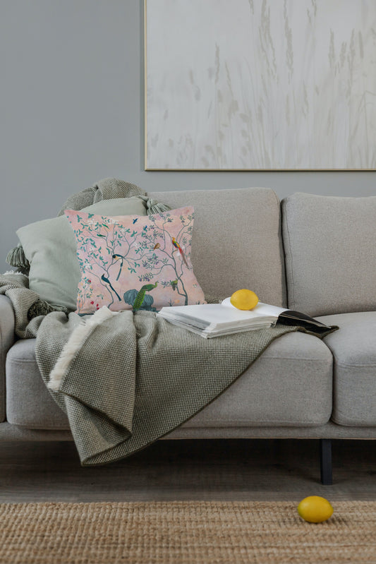 Chinoiserie Peacock Cotton Pillows Pink Blush