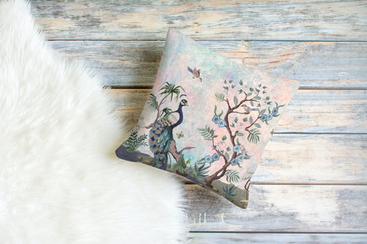 Chinoiserie Cotton Pillows Aqua Blush Peacock