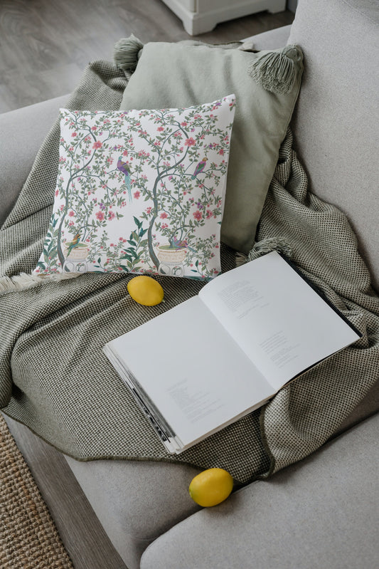 Chinoiserie Bird Garden Cotton Pillows White Pink