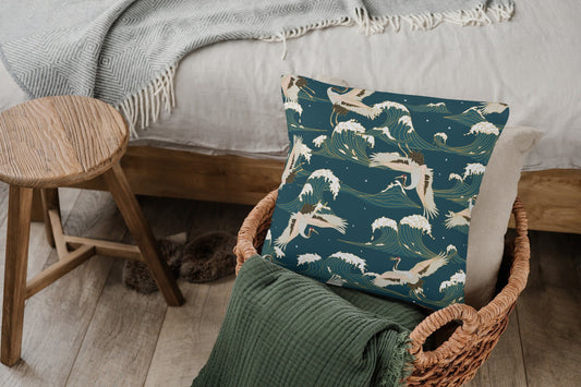 Japanese Waves Cotton Pillows Teal Blue Green