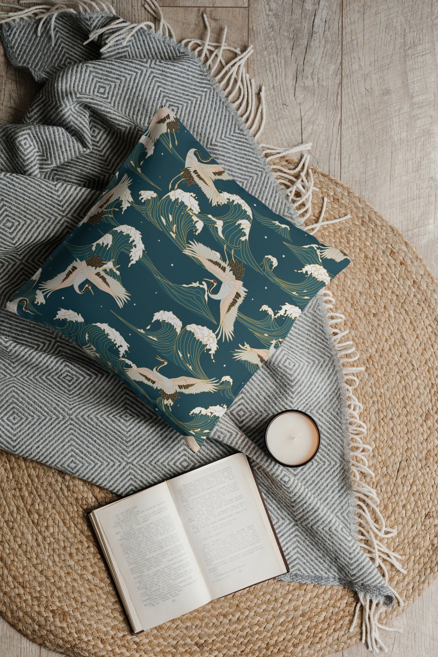 Japanese Waves Cotton Pillows Teal Blue Green