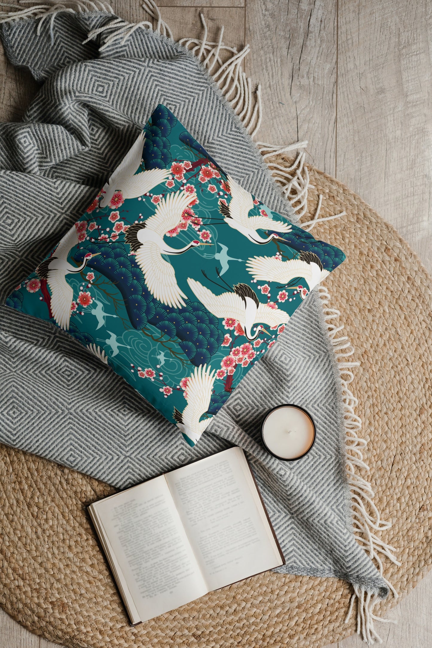Japanese Cotton Pillows Teal Blossom Cranes