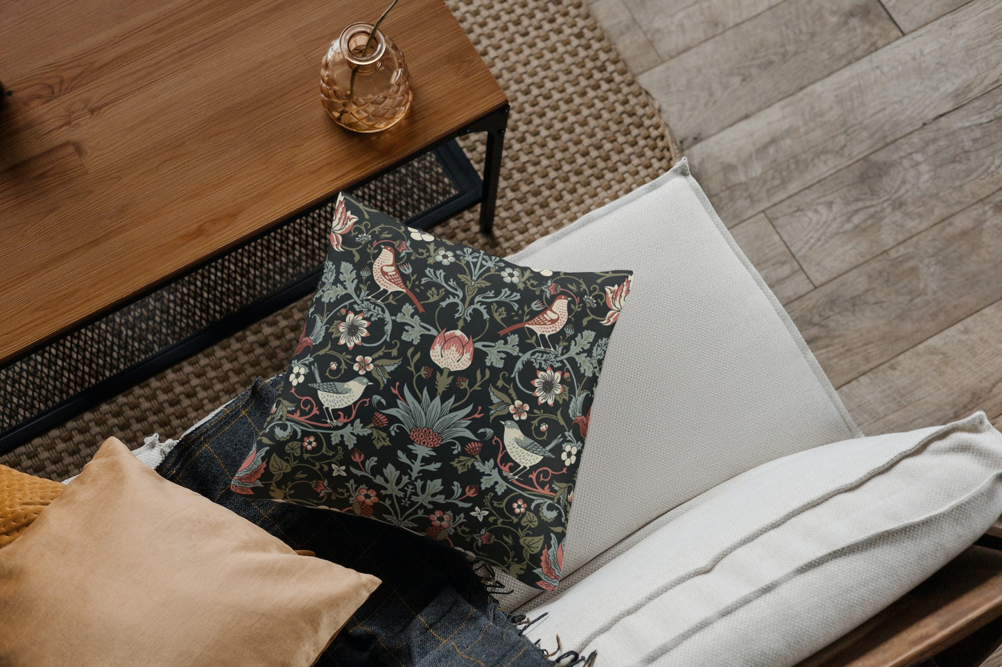 William Morris Cotton Pillows Enchanted Strawberry Thief Dark Night
