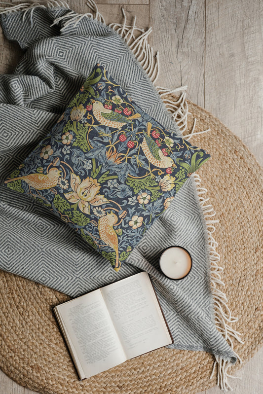 Strawberry Thief Cotton Throw Pillows William Morris Indigo Blue