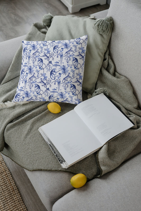 Chinoiserie Monkey Cotton Pillows Toile de Jouy Blue White