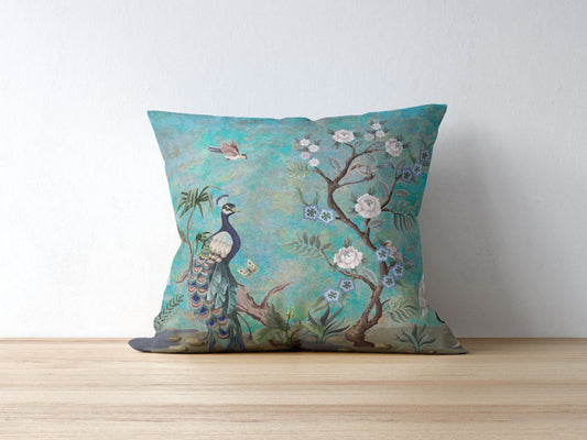 Chinoiserie Cotton Pillows Aqua Turquoise Peacock