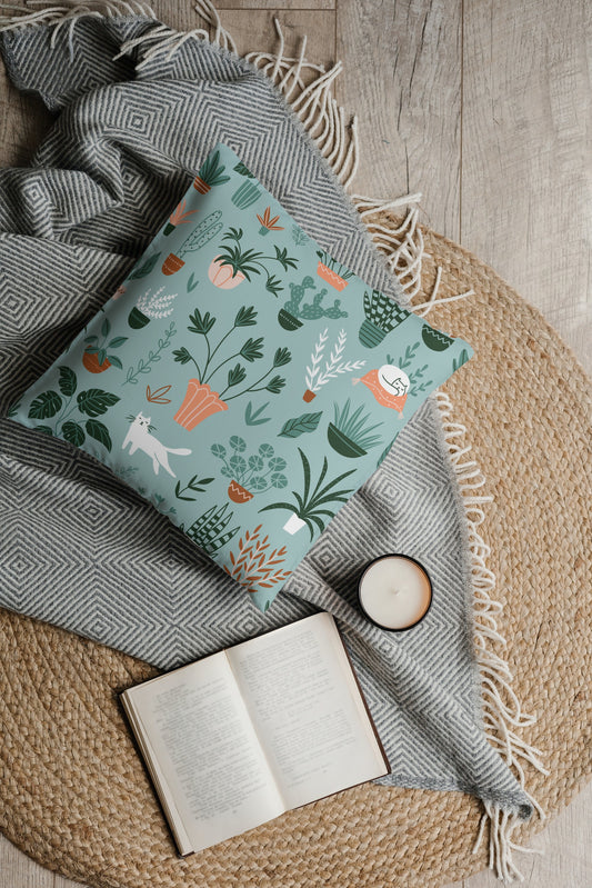 Hygge Plants & Cats Outdoor Pillows Pastel Green