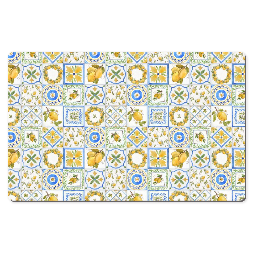 Mediterranean Desk Mat Lemons Tile Print Blue & Yellow