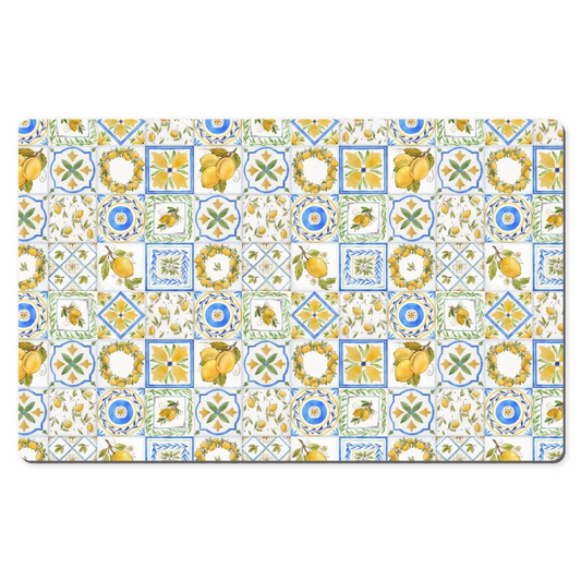 Mediterranean Desk Mat Lemons Tile Print Blue & Yellow