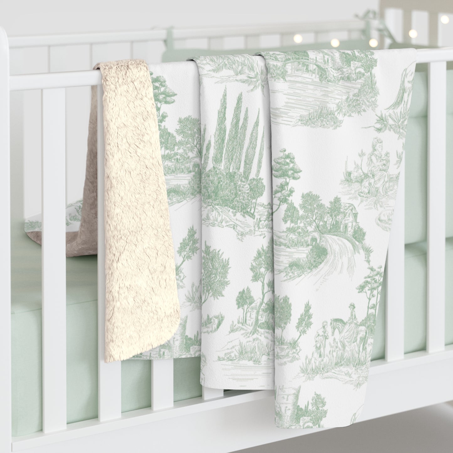 Toile de Jouy Sage Green Fleece Lined Blanket