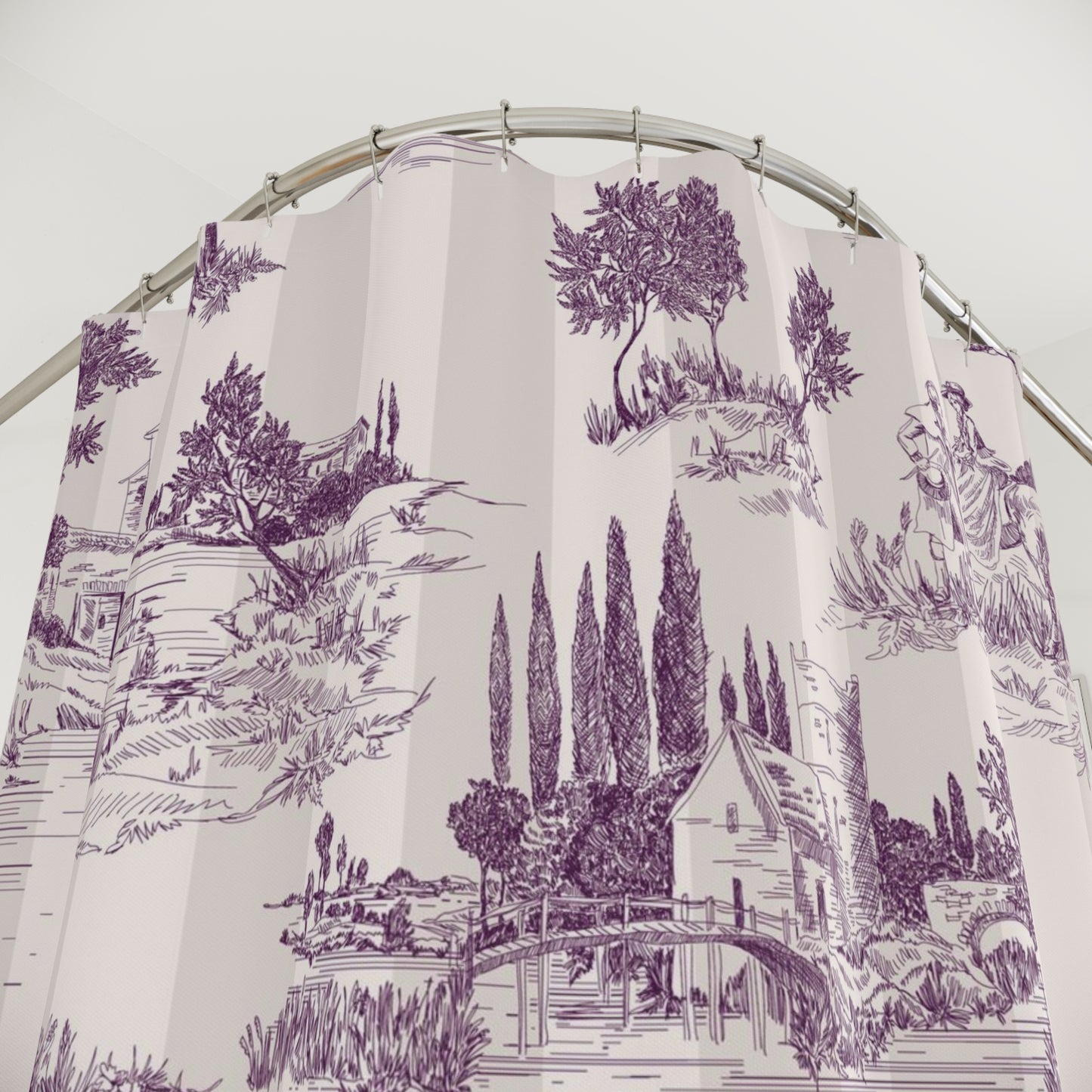 Antique Toile de Jouy Shower Curtain Plum Cream Stripe