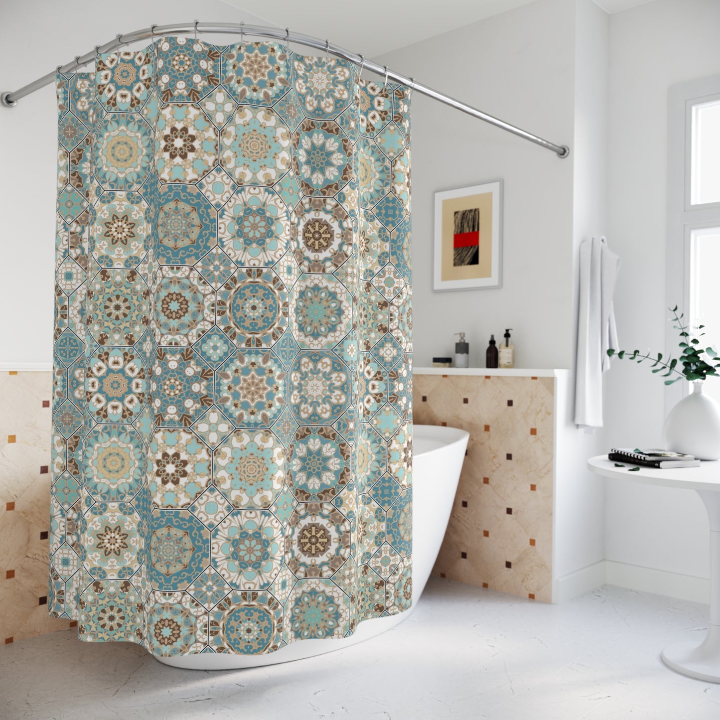 Azulejos Shower Curtain Beige Aqua Sage