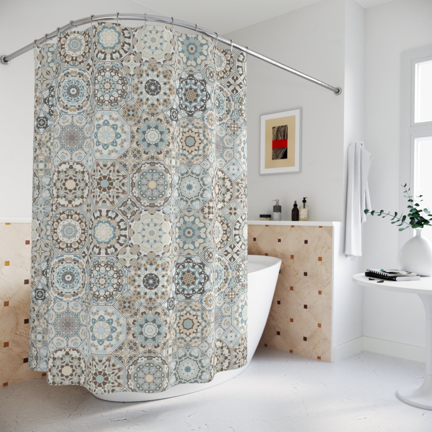 Azulejos Shower Curtain Beige Blue