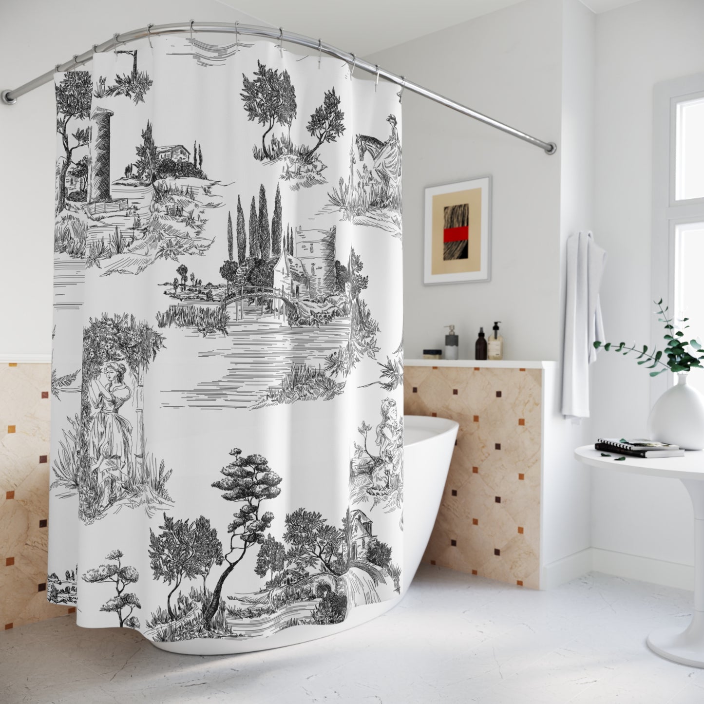 Black Toile de Jouy Shower Curtain