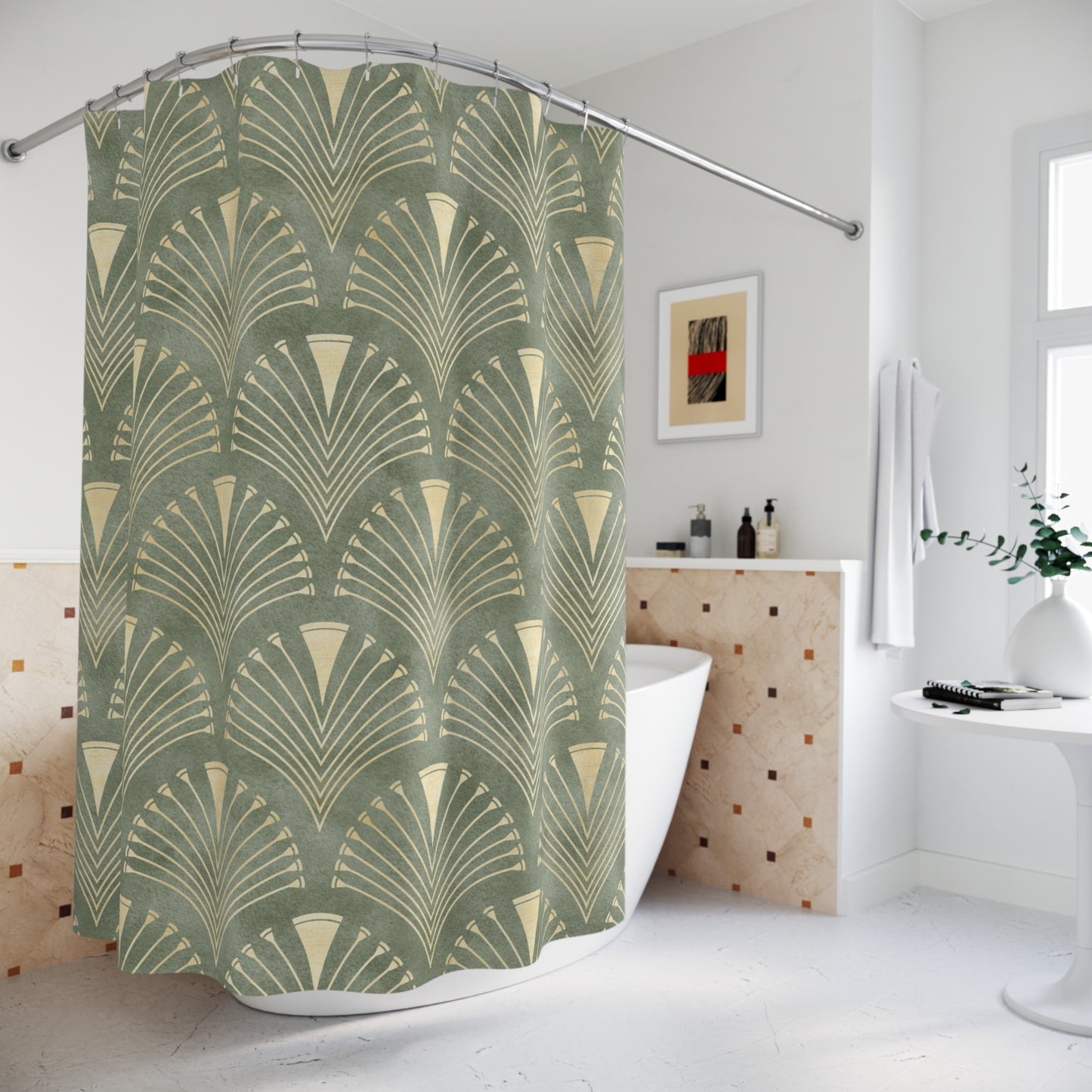 Art Deco Golden Sage Green Shower Curtain